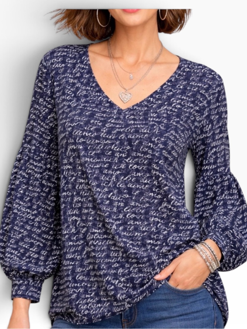 CAbi "Te Amo" Navy Love Script Print V-Neck  "Heart of CAbi" Blouse #5336 M